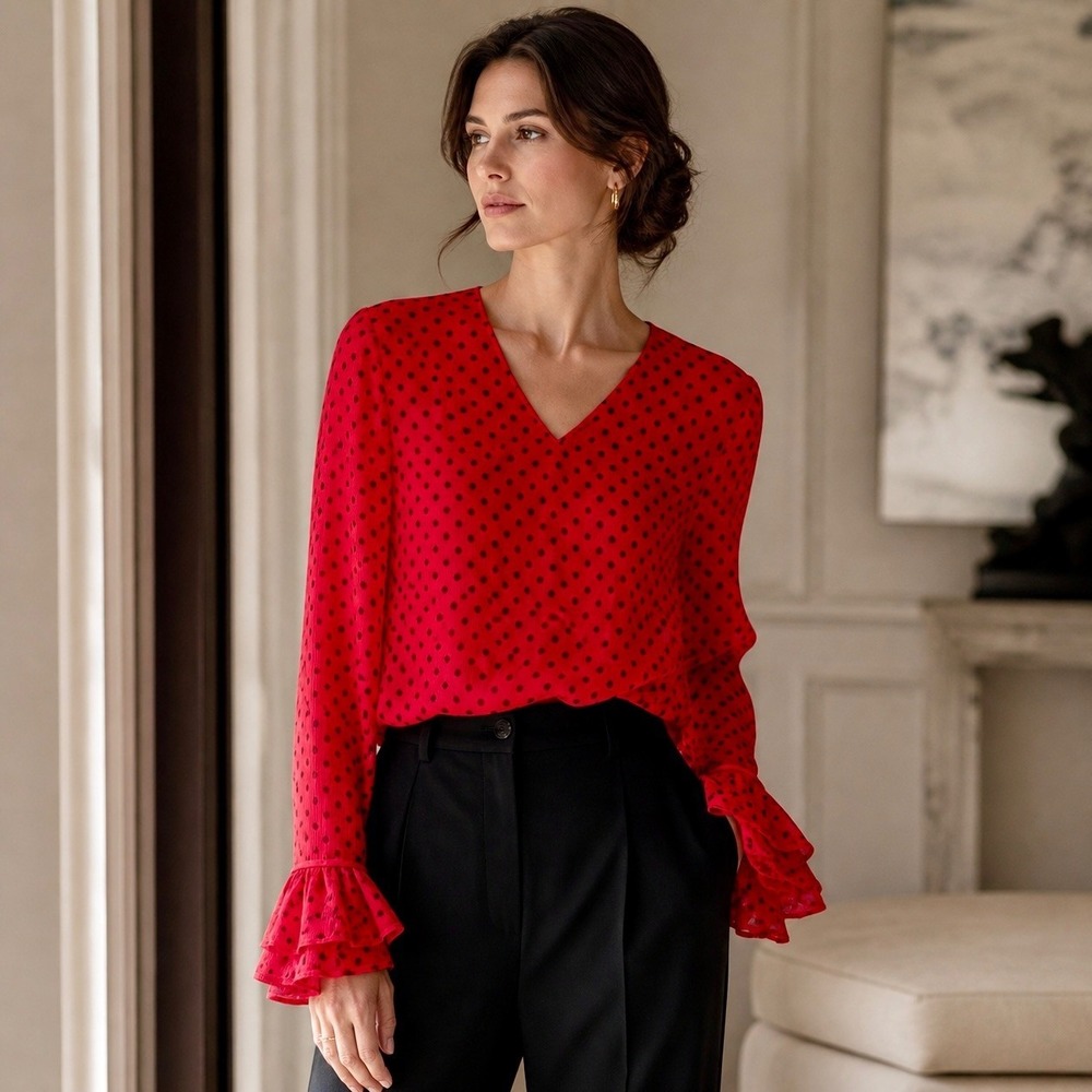 Valentino Boutique Red Polka Dot Silk Blouse Ruffle Cuff Vintage Italy Size 10
